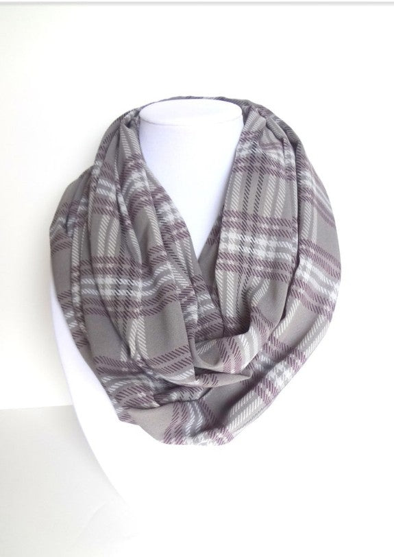 Grey + Purple Plaid Infinity Scarf
